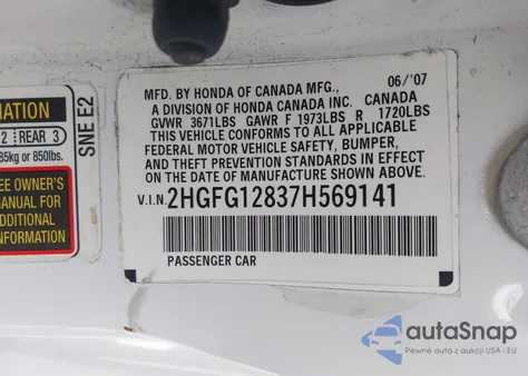 2007 Honda Civic Ex z USA, uszkodzony, nr VIN 2HGFG12837H569141